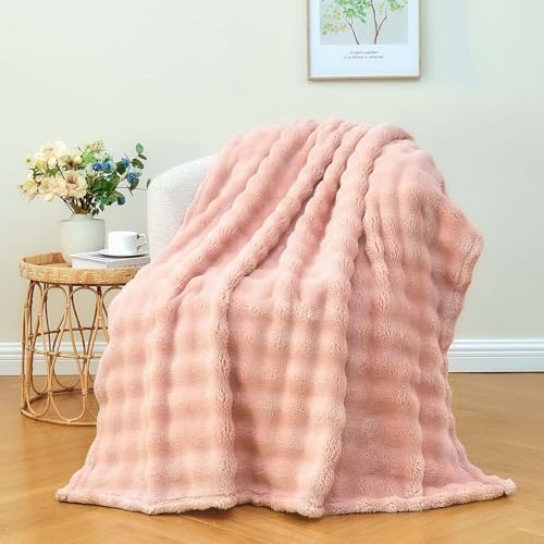 Wajade Fluffy Flannel Blanket Pink Bubble Faux Fur Bed Throw Super Soft Warm Large Blanket for Bed Sofa Car, 153x203CM