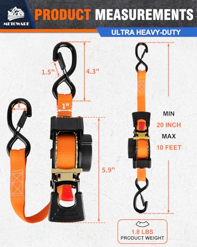Image of METOWARE Retractable Ratchet Straps (2-Pack) - 1 in x 10 Ft (1500lb Break Strength) - Heavy Duty Auto Self Retracting Tie Down Straps for Truck, Trailer, Cargo Van, Motorcycle - Orange
