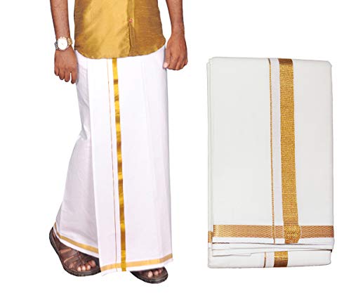 Image of PRAKASAM COTTON Mens Colour Jari Cotton dhoti and Angavastram Set (1.30X2.00 Meter Dhoti, 36X1.80 towel)