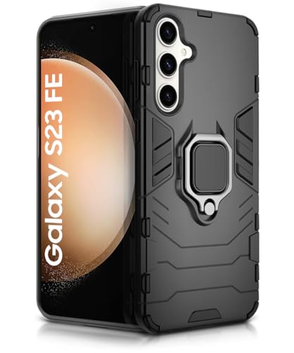 Image of WOW IMAGINE Shock Proof Back Case Mobile Cover for Samsung Galaxy S23 FE 5G | Back Cover Case (Tough Armor | Hybrid PC + TPU | Ring Holder & in-Built Kickstand | Black)