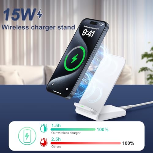 Wireless Charger, 15W Induktive Ladestation Handy Ständer, Schnelles Kabelloses Ladegerät für Samsung Galaxy S24 Ultra/S23/S22/S21/S20/S9/S8/Note 21/20/10, iPhone 15/14/13/12/11, Google Pixel 8/7/6/5 – Bild 4