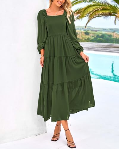 BTFBM Women Formal Dress Spring Square Neck Puff Long Sleeve Smocked Tiered Flowy Wedding Guest Maxi Dresses Pockets2