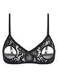 Agoky Women's Sexy Lingerie Lace Hollow Out Brassiere Open Nipples Wireless Unlined Bra Tops Bralette Black Medium