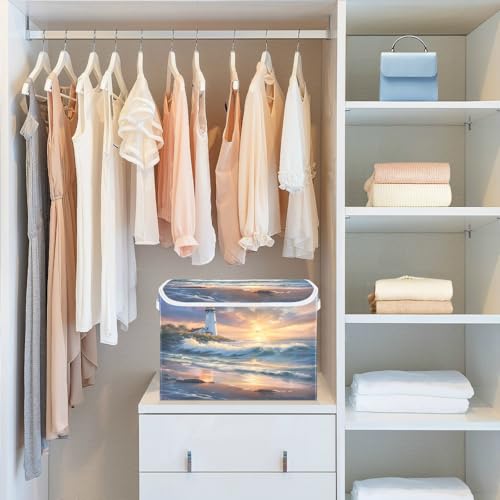 Image of senya Large Storage Bins with Linen Collapsible Foldable Storage Cubes Fabric Closet Organizer Containers box with Flip-Top Lid for Home Bedroom Office 16.7 x 12.6 x 11.8in (Seaside Scenery)