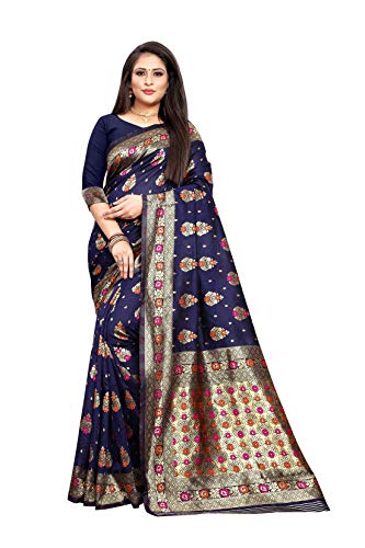 ziya Womens Ethnic Banarasi Silk Saree for Wedding and Parties with Unstitched Blouse SM 2 (Navy Blue)