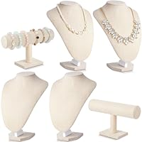 Huquary 6 Pcs Jewelry Display Set Necklace Display Stand T Bar Bracelet Holder Jewelry Bust for Home Store Trade Show(Linen)