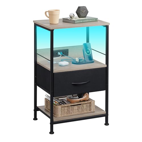 WLIVE LED Nightstand, Night Stand with Charger Station, Bedside Table with Fabric Drawer and Adjustable Open Shelves, Small End Side Tables for Bedroom, Grey