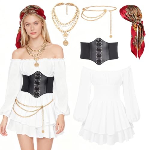 Disfraz de pirata para mujer, traje de pirata medieval, hombros descubiertos, con corsé, pañuelo en la cintura, collar para mujer, disfraz de pirata, mono para carnaval, Halloween, cosplay