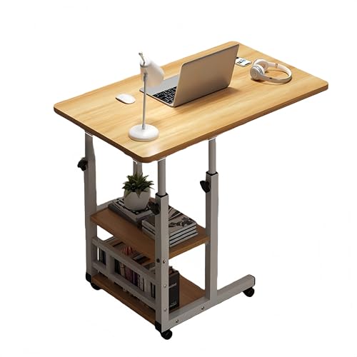 Lopres 昇降式テーブル ベットサイドテーブル サイドテーブル 昇降式 キャスター付き 高さ調節可能60-85cm 角度調整 移動式 3段収納棚付き 省スペース 在宅勤務 リモートワーク用 食事 勉強 ゲーム 作業台 PCデスク (ウォールナット材,6