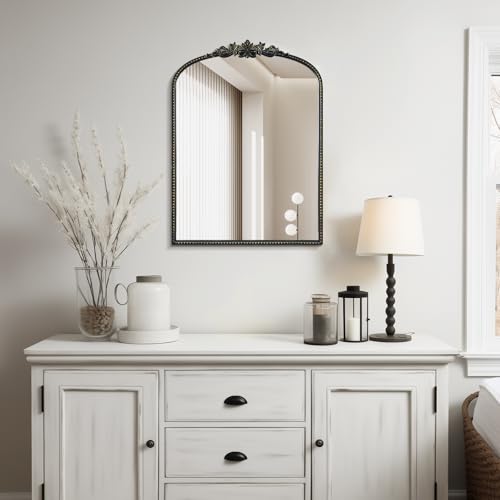 WallBeyond Black Vintage Mirror for Vanity 22x30 Inch, Black Antique Mirror with Ornate Frame, Arched Vintage Wall for Bathroom, Living Room, Fireplace, Entryway
