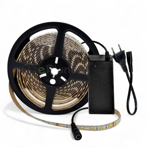 TOT ELECTRIC KIT Striscia LED 24V con Trasformatore Strip da Esterno 5M 300 led IP65 Tagliabile ogni 10 cm Ipermeabile Luce Bianca 6500K per Cucina Armadio Soggiorno Camera da Letto