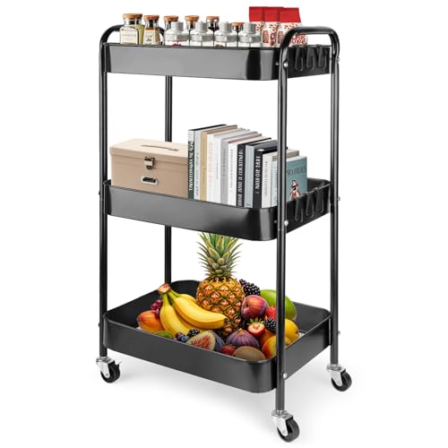 Viuxule Storage Cart, 3 Tier Metal Trolley Cart with Wheels, Black Rolling Utility Cart for Kitchen, Bathroom, Office, Bedroom, Veg Rack and Multi-Purpose Organizer for Snack, Makeup, Book, Diaper