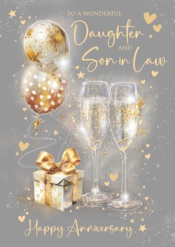 Cherry Orchard | Large Card for Daughter And Son In Law Anniversary | Elegant Champagne Flutes & Golden Balloons | Gorgeous Gold foil Text | Luxury Insert |Complete with Complimentary envelope