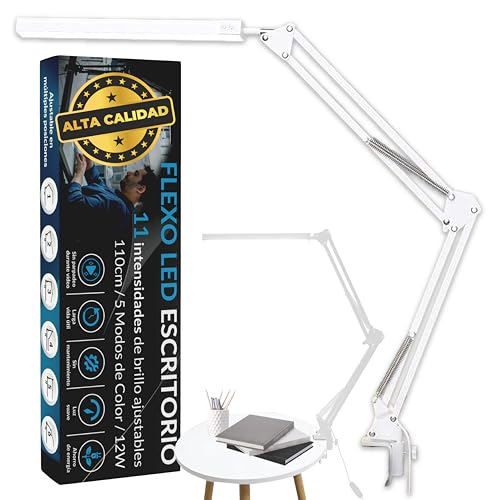 PRIME ESSENTIALS® Lampara Escritorio I Flexo LED | 110Cm 5 Modos de Color 12W | Función de Memoria I 11 Niveles de Brillo 1300 LM | Para Oficina Estudiar Salon | Candeeiro de Mesa I Color Blanco.