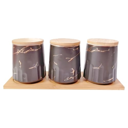 Image of UMAI Ceramic Jars for Kitchen Storage with Bamboo Lids | Pack of 3 | 280ml Each | Multipurpose Jars for Pickles, Nuts, Dry Fruits | Black and Brown | Airtight Kitchen containers set |