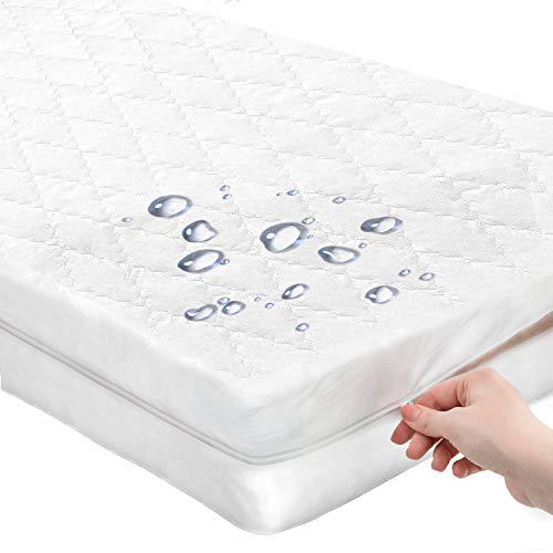 Image of Zippered Quilted Waterproof Crib Protector Mattress Cover - All 6-Sides Waterproof Fully Encasement - Standard Baby Infant Crib Toddler Bed (52" x 28")