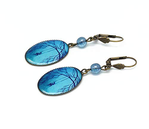 Boucles d'oreilles arbre bleu noir en résine et laiton bronze 18x25mm