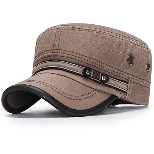 Gorras de Hombre Plana, Clasico Militares Al Aire Libre Sombrero Sólido del Sol, Ajustable Algodón Sombrero Cabeza Gorras de Militar Plana,Marrón