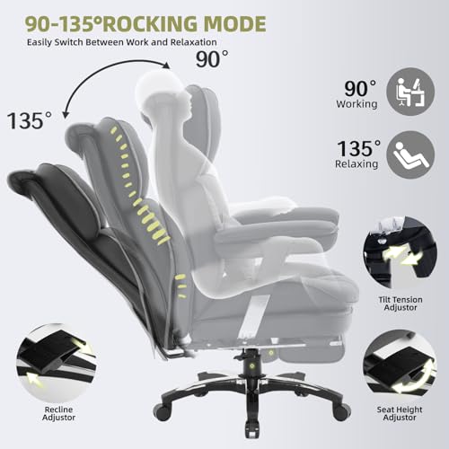 Efomao Desk Office Chair, X-Embroidery Big and Tall PU Leather Home Chair, Adjustable High Back Computer Gaming Chair, 200kg Swivel Executive Office Chair with Footrest and Lumbar Support, BLACK