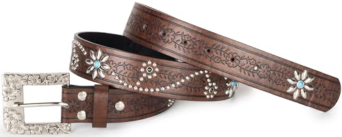 Image of Western-Leather-Belts-Women Vintage Waist-Belts with Hollow Out Flower