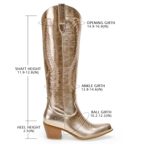 RKQ Women's Metallic Cowboy Boots Sparkle Knee High Cowgirl Boots Embroidered Western Wide Calf Boots with Pull on Tabs Pointed Toe Stacked Chunky Heel for Party Wedding Casual3