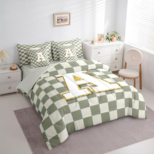 Image of Erosebridal Sage Green Checkered Full Comforter Set with Sheets 7 Piece Plaid Initial A Bed in A Bag Personalized Monogram Bedding Sets for Kids Adults,Fashion Grids Gingham Bed Set