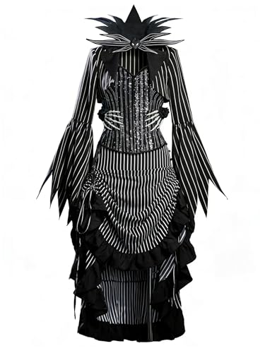 MEOWCOS Womens Waist Cincher Maxi Dress Set Skellington Style Halloween Costume Corset Skirt Suit with Jacket Tie