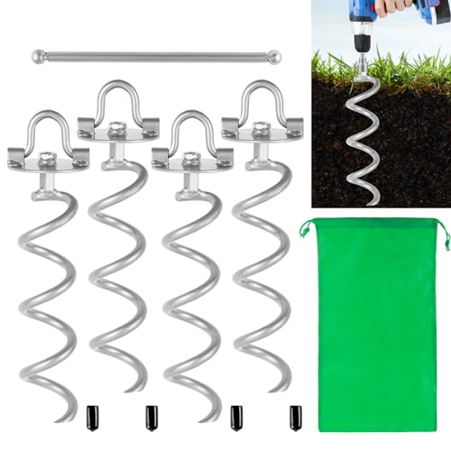 MIXXIDEA 11.4 Inch Gound Anchors Screw in, Metal Spiral Earth Anchors Kit, Heavy Duty Folding Ring Spiral Stake, Silver Ground Stakes for Tent, Trampolines, Garden Fence, Sheds, Swings (Pack of 4)