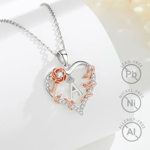 EUDORA Rose Heart Initial Necklace for Women Letter Alphabet Initial Necklaces Copper Rhodium Plated Pendant with Cubic Zirconia, Initials Jewelry Gifts for Women Wife Mother, 18"2