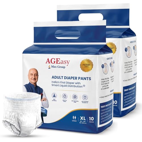 Image of AGEasy (Max Group) Adult Diapers | India's First Smart Liquid Distribution Pants | Gel-Lock Absorption | Up to 12-Hour Dryness | Anti-Sag | Invisible Fit | Odor Control | Unisex Fit (XL - Pack of 2)
