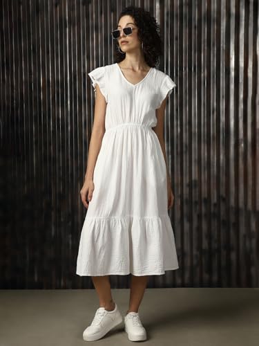 Image of High Star Women Cotton Solid Regular fit V-Neck Sleeveless Dresses