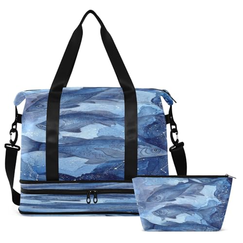 Blue Fish Travel Duffel Bag for Women Men Gym Bag with Shoe Compartment Wet Pocket Carry On Weekender Overnight Bags for Travel Weekend Getaway