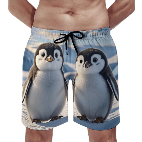 Cute Penguins Men's Swim Trunks with Mesh Lining, Lightweight Swim Shorts Quick-Dry Beach Shorts with Pockets