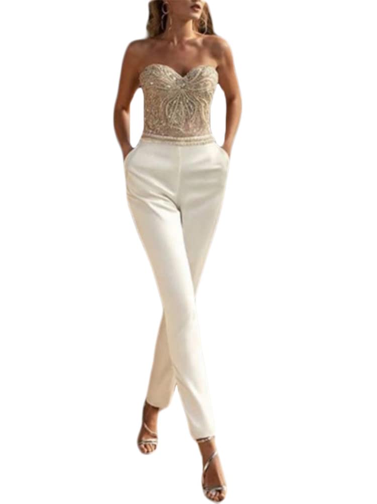 Minetom Mujer Elegante Mono Jumpsuit Ceremonia Cóctel Mangas Largas Monos de Fiesta de Noche Largos Pantalones de Pierna Ancha