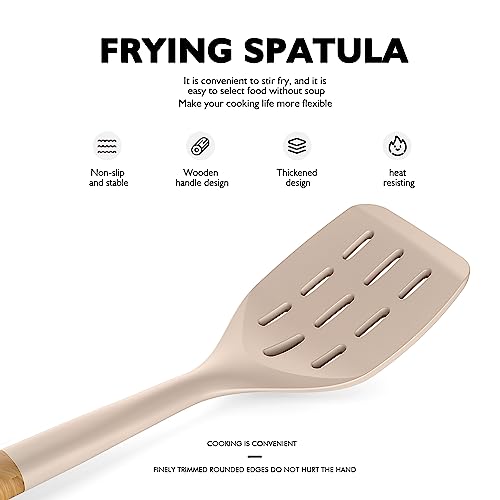 Large Silicone Cooking Utensils Set - Heat Resistant Silicone Kitchen Utensils For Cooking W Wooden Handles, Spatula Set, Kitchen Utensil Gadgets Sets For Non-Stick Cookware, Bpa Free (Khaki) #TOP5