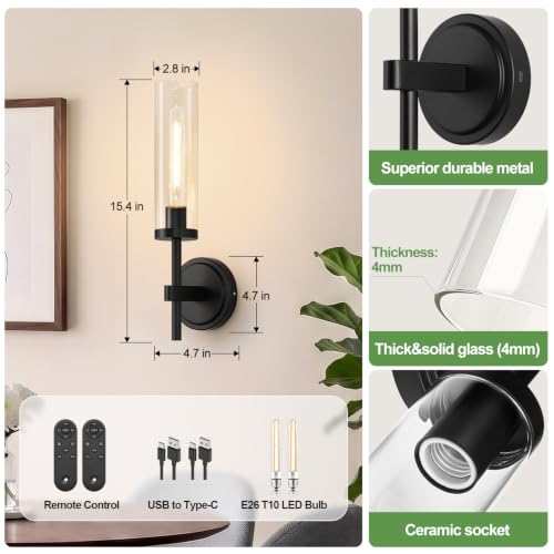 Image of Battery Operated Wall Sconce Set of 2, Matte Black Wireless Rechargeable Wall Lighting Fixtures with Remote Control, Dimmable Wall Light for Bathroom , Vanity, Living Room, Bedroom, Hallway, Stairway