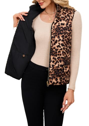 LifeShe Women Leopard Quilted Vest Stand Collar Zip Up Reversible Puffer Vests Sleeveless Padded Gilet Coat with Pockets3
