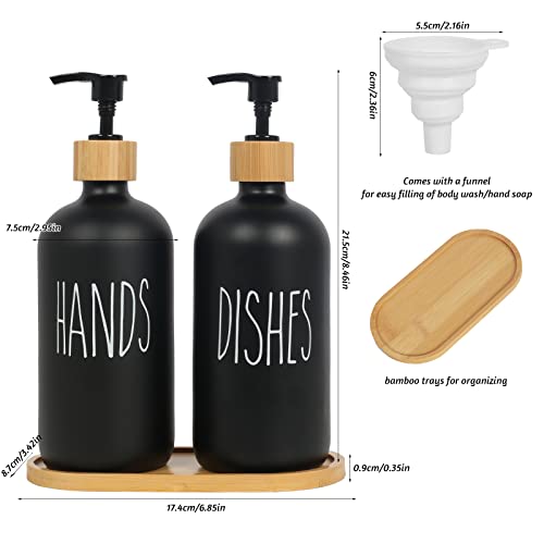 Luabue 2Pcs Soap Dispenser Kitchen Hand & Dish Wash Dispenser Black Washing Up Liquid Dispenser 500ml Glass Soap Dispenser with Bamboo Pump &Tray for Bathroom Countertop Laundry Room Shampoo Lotion - Image 2