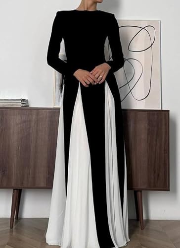 Women's Black and White Round Neck Long Sleeve Maxi Dress 2025 Winter Elegant Formal Evening Gown Daily Dress2
