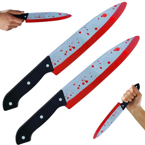 XILEPINGAN 2 Piezas Cuchillos de Halloween de Juguete, Cuchillo de plástic, para Fiesta, Accesorios de Cosplay de Terror, Adecuado para carnaval, mascaradas, juegos de rol (2 Cuchillos de sangre)