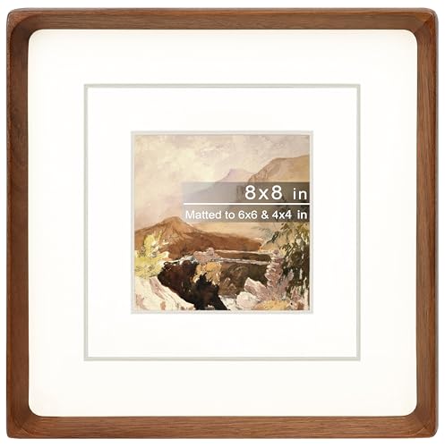 Gdfmsc Square 8x8 Picture Frame with Mat for 4x4/6x6 Natural Walnut Wood Handcrafted Rounded Corner with Real Glass Vertical or Horizontal Display Photo Gallery Wall & Tabletop Frame