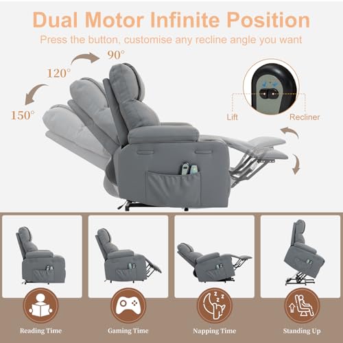 Image of Power Lift Recliner Sofa Chair, Electric Stand Assit for Elderly People, Faux Leather Reclining Chair with Cup Holders, Massage & Heat Functions, Living Room or Bedroom Furniture for Resting, Gray