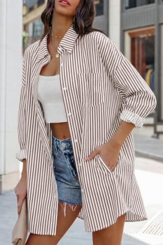 Image of FSHAOES Womens Oversized Button Down Shirts Casual Loose Long Sleeve Solid Lapel Long Blouses Tops with Pockets