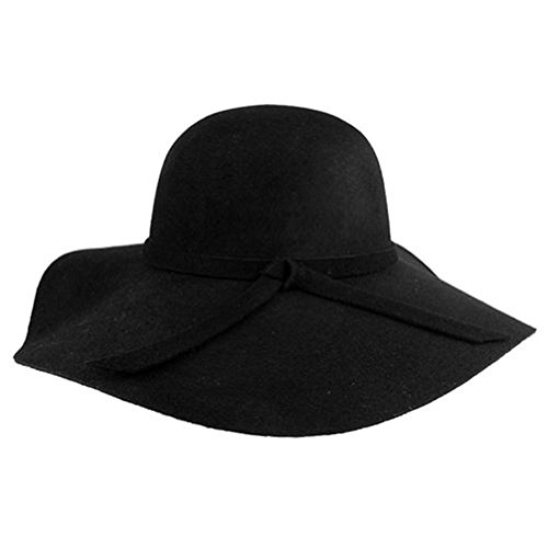Dealzip Inc? Vintage Style Women Lady Wide Brim Wool Felt Bowler Fedora Cloche Floppy Beach Sun Hat Cap with Lovely Bow Band (Black)
