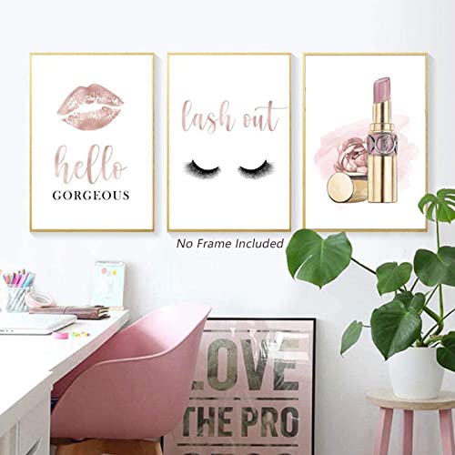 Makeup Wall Art Canvas Fashion Art Eyelash Pictures Wall Decor Lipstick Lips Lash Painting Decor Beauty Salon Wall Art Rose Gold Fashion Poster For Women Girl Room Decoration 16X24X3 Inch Unframed #TOP1