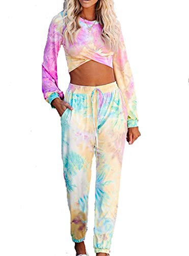 Women 's Tie-Dye Print Outfit Round Neck Long Sleeve Twist Front Navel Crop Top and Trousers Clothing Set (Multicolor, S)