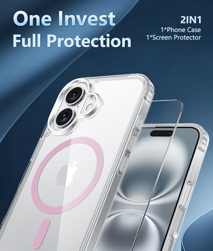 Image of FNTCASE for iPhone 16 Plus Case: Clear Magnetic Phone Cases Compatible with Magsafe Slim Anti Yellowing Military Grade Drop Protection Rugged Protective Transparent Cell Phone Cover (C-A Pink)