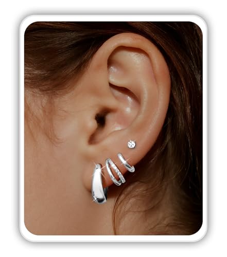 4 Pairs Gold/Silver Hoop Earrings Set for Women 14K Gold Plated Hypoallergenic Surgical Steel Lightweight Cartilage Studs Earrings,Dainty Small Stackable Thick Trendy Jewelry For Sensitive Ears