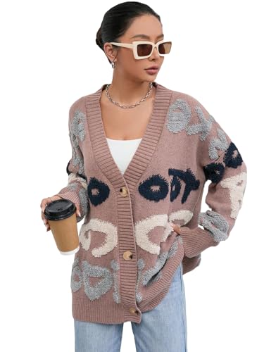 Image of WDIRARA Women's Letter Print Button Open Front V Neck Long Sleeve Cardigan Knit Sweater