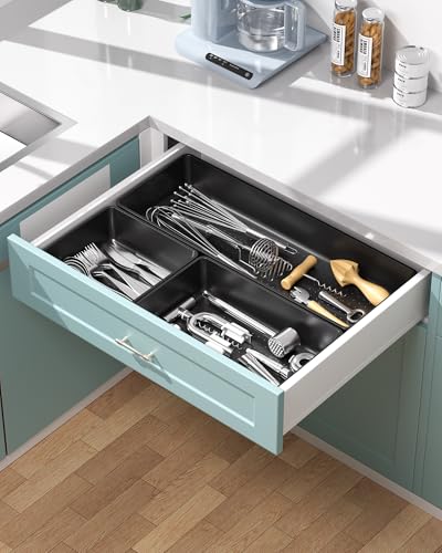 MLIKLU 10 Pack Large Size Plastic Drawer Organizers Set, 3 Sizes Desk Drawer Organizer Trays, Storage Bins for Vanity, Makeup, Bathroom, Kitchen Utensils and Office (Black) - Image 6